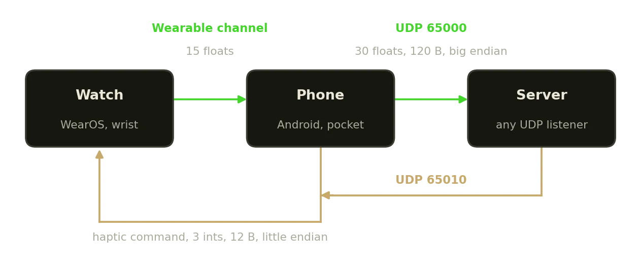 Sensors flow from the watch through the phone to a UDP listener, and a haptic command returns through the phone to the wrist