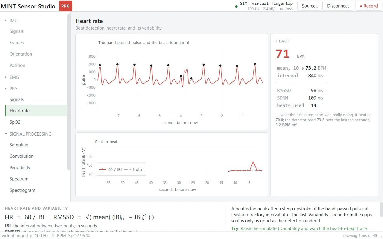 PPG, the Heart rate page: beats, heart rate and variability