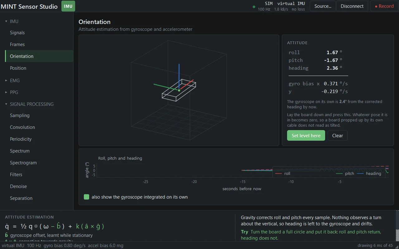 The Orientation page: a simulated IMU's attitude drawn as a board in a wire cube, roll, pitch and heading beside it, the quaternion update equation along the bottom