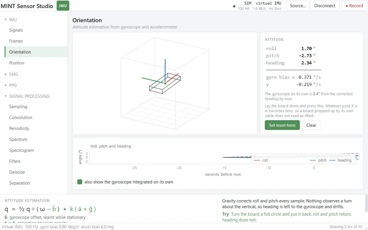 The Orientation page: a simulated IMU's attitude drawn as a board in a wire cube, roll, pitch and heading beside it, the quaternion update equation along the bottom